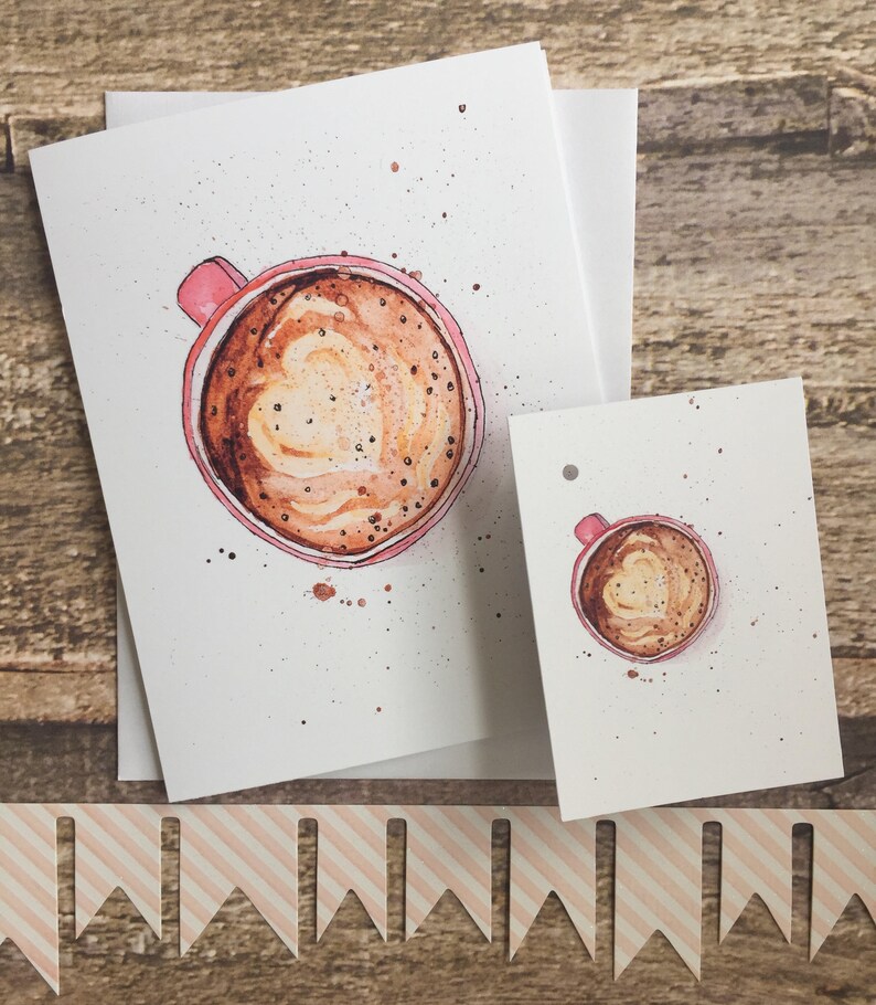 Carte de voeux à l'aquarelle et étiquette-cadeau assortie. Délicieuse tasse à café cappuccino en forme de coeur en mousse de lait image 1