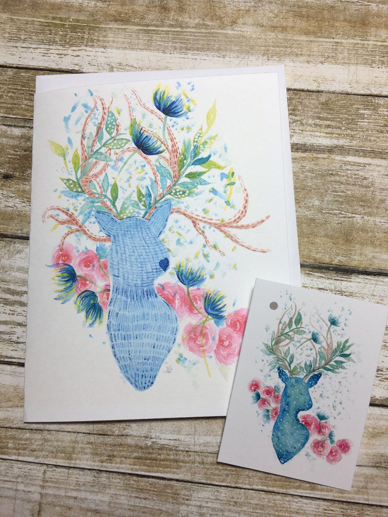 Watercolour illustration three greeting cards plus matching gift tag whimsical birddeerholly berries in cup
