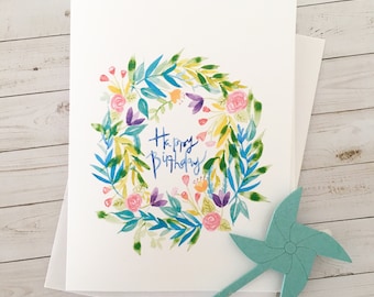 Illustration aquarelle impression Carte de voeux Fleur d’été couronne « Joyeux anniversaire »