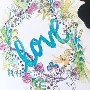 Carte de correspondance aquarelle « LOVE » couronne de fleurs. Idéal pour toutes les occasions image 3