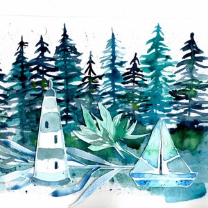 carte de voeux bleu forêt/phare/bateau
