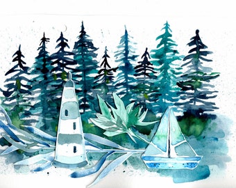carte de voeux bleu forêt/phare/bateau