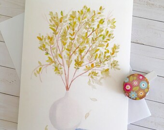 Carte de vœux imprimée illustration aquarelle de branches vertes dans un vase blanc zen