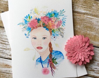Carte de voeux avec illustration aquarelle. Fille avec des fleurs dans les cheveux, rêvant de printemps