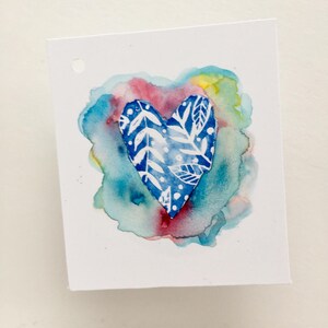 Carte de voeux aquarelle coeur bleu + étiquette cadeau assortie image 2