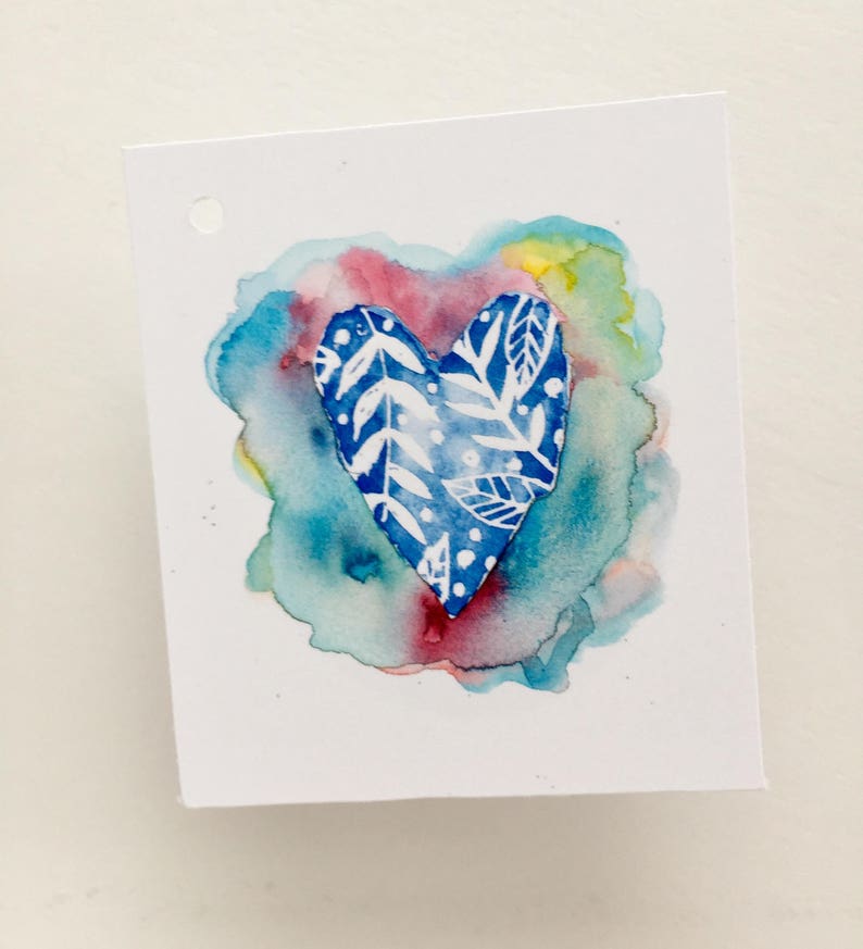 Carte de voeux aquarelle coeur bleu + étiquette cadeau assortie image 2