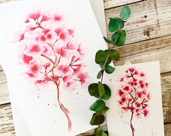 Carte de note d’illustration à l’aquarelle avec étiquette cadeau assortie. Fleur de cerisier JOIE! Idéal pour toutes les occasions