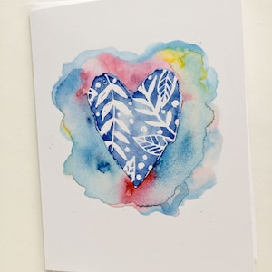 Carte de voeux aquarelle coeur bleu + étiquette cadeau assortie image 1