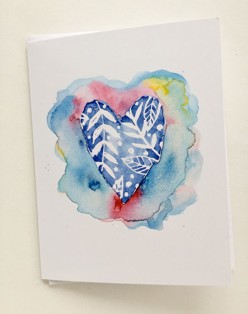 Carte de voeux aquarelle coeur bleu + étiquette cadeau assortie image 1