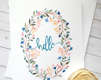 Carte de correspondance aquarelle Couronne de petites fleurs de printemps texte « Bonjour »