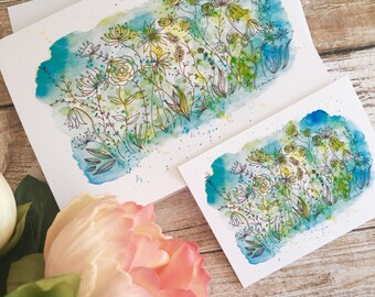 Carte de note d’illustration à l’aquarelle avec étiquette cadeau assortie.  Nuances délicates de forêt verte