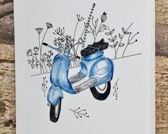 carte de voeux copie d'illustration d'aquarelle et d'encre de Vespa bleu !