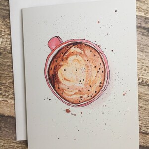 Carte de voeux à l'aquarelle et étiquette-cadeau assortie. Délicieuse tasse à café cappuccino en forme de coeur en mousse de lait image 2