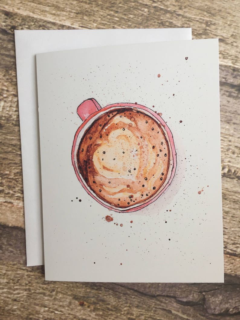 Carte de voeux à l'aquarelle et étiquette-cadeau assortie. Délicieuse tasse à café cappuccino en forme de coeur en mousse de lait image 2