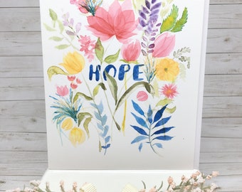 Illustration à l’aquarelle carte de vœux Fleurs fleuries avec texte « HOPE »