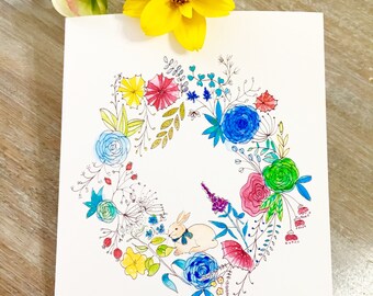 Couronne de printemps fantaisiste et carte de voeux adorable lapin