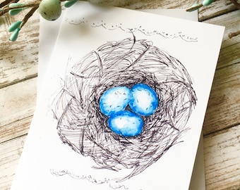Illustration de trois œufs bleus nichés dans leur nid