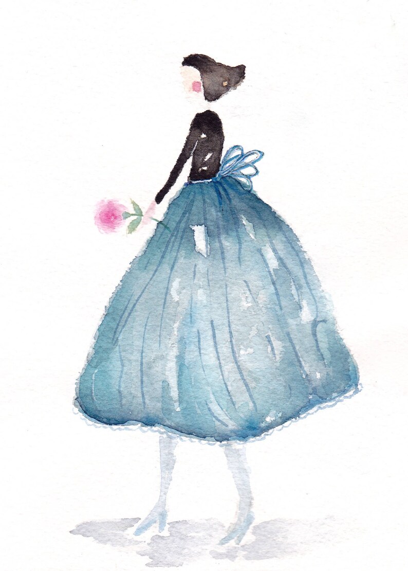 carte de voeux aquarelle Fille lunatique en robe bleue. Idéal pour toutes les occasions image 3