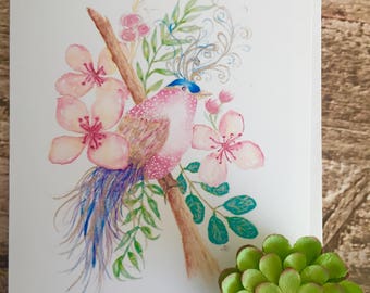 Carte de correspondance + étiquette cadeau représentant un oiseau doux et des fleurs