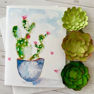 Carte de vœux imprimée illustration aquarelle Cactus en pot en céramique bleue + petit coeur
