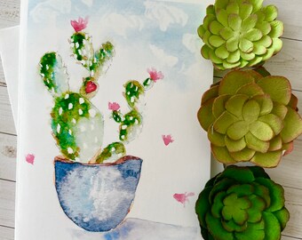 Carte de vœux imprimée illustration aquarelle Cactus en pot en céramique bleue + petit coeur