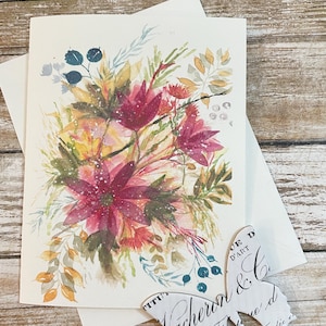Cartão de felicitações com ilustração em aquarela de buquê de flores vibrantes