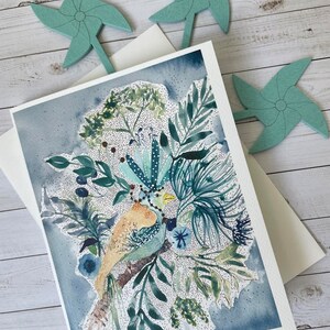 note card with watercolour illustration of A bird in floral paradise