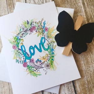 Carte de correspondance aquarelle « LOVE » couronne de fleurs. Idéal pour toutes les occasions image 1