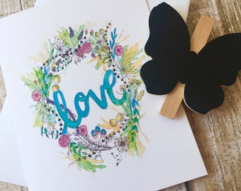 Carte de correspondance aquarelle « LOVE » couronne de fleurs. Idéal pour toutes les occasions