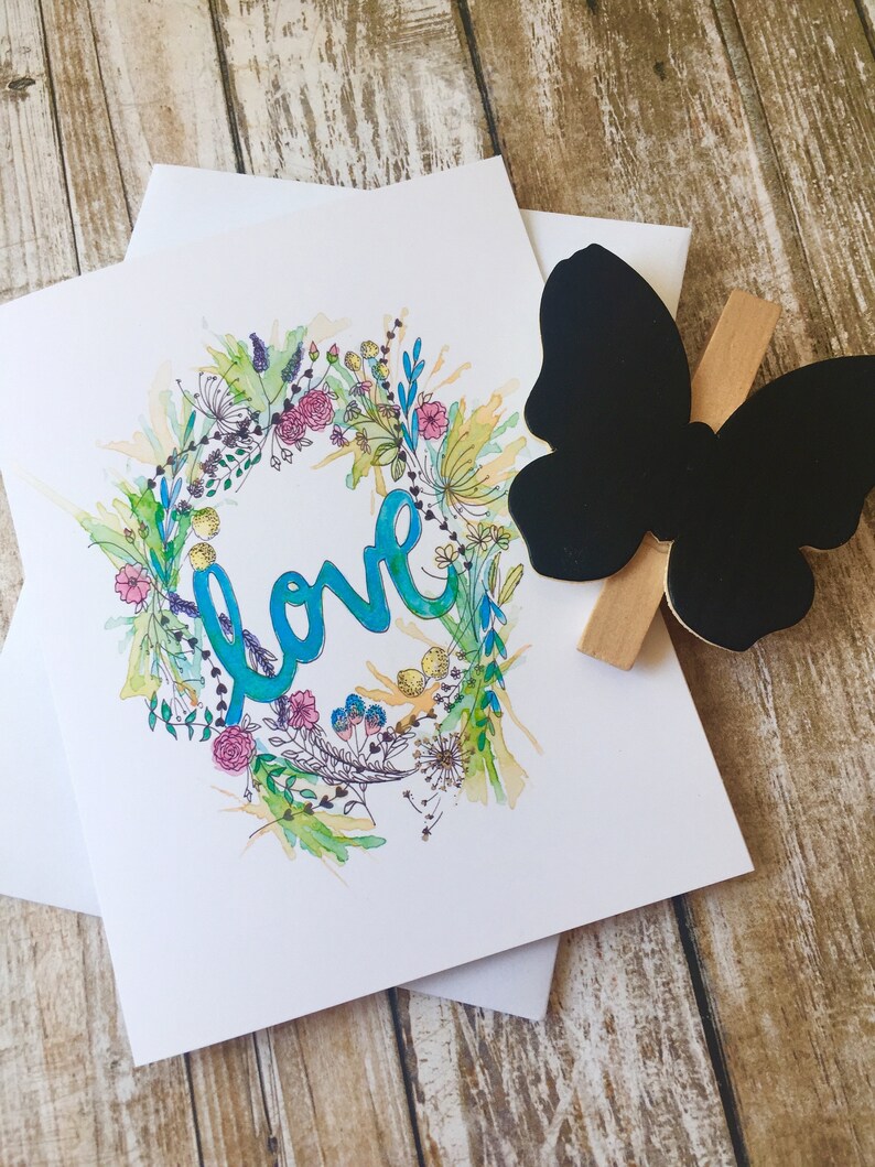 Carte de correspondance aquarelle « LOVE » couronne de fleurs. Idéal pour toutes les occasions image 1