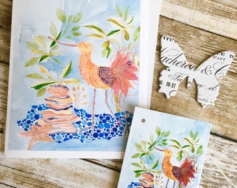 Carte de voeux à l'aquarelle et étiquette-cadeau assortie. Oiseau roussette sous les tropiques
