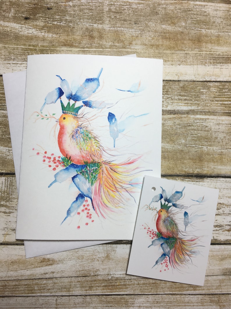 Watercolour illustration three greeting cards plus matching gift tag whimsical birddeerholly berries in cup