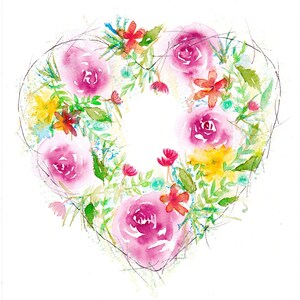 Carte de voeux illustration aquarelle. couronne de fleurs coeur fantaisiste image 2