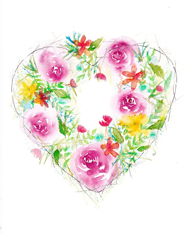 Carte de voeux illustration aquarelle. couronne de fleurs coeur fantaisiste image 2