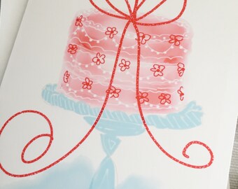 Illustration numérique sous forme de carte de correspondance + étiquette cadeau assortie. La meilleure façon de célébrer un anniversaire avec un gâteau