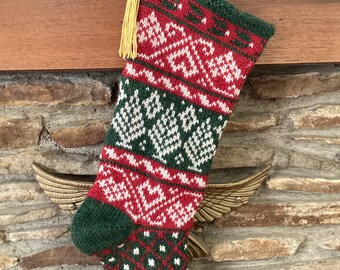 Holiday Stocking | Handknit Holiday Stocking | Christmas Stocking | Stocking with Trees and Hearts | Made To Order | Gifts