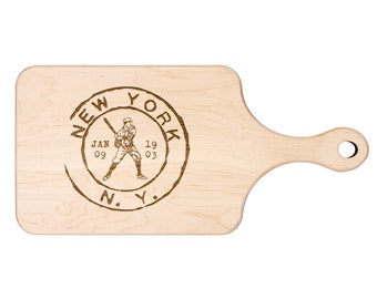 New York Baseball Vintage Stamp Hardwood Paddle Cutting Board, Charcuterie Board, Cheese Board with Handle