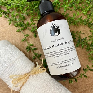 Hand- en bodyzeep geitenmelk, vloeibare zeep lavendel geitenmelk, vloeibare zeep Bulgaarse lavendel geitenmelk, natuurlijke lavendel body wash