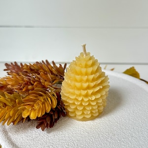 May include: A yellow pine cone shaped candle with a white wick. The candle is sitting on a white textured surface with dried brown and yellow foliage to the left. The background is a white wooden wall.