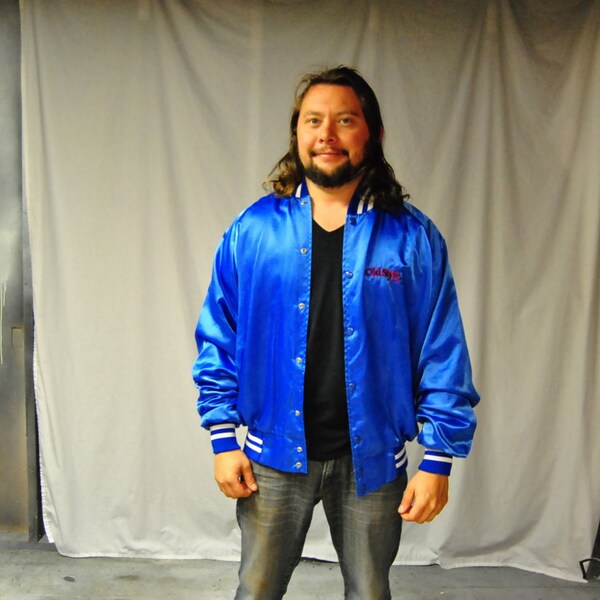 Vintage Beer Jacket - Old Style 1980s windbreaker coat blue shiny athletic - mens coat size large Girard