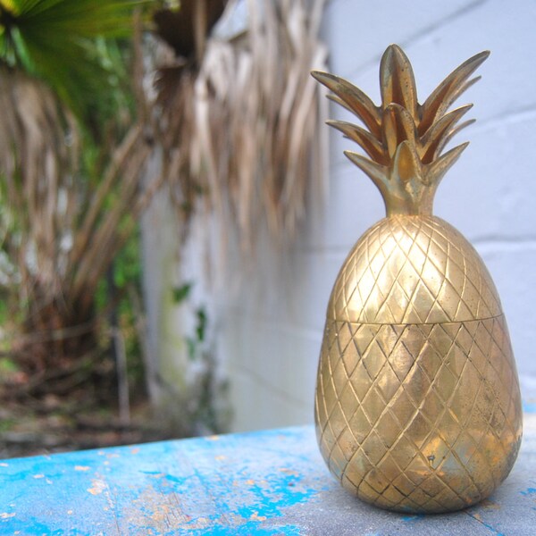 Brass Pineapple Candle Holder - Small Container Box with Lid - Solid Brass Decor- Mid Century Hollywood Regency