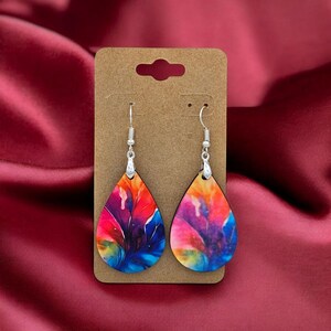 Handmade Teardrop Earrings with a Bright Tie Dye Pattern - Hypoallergenic