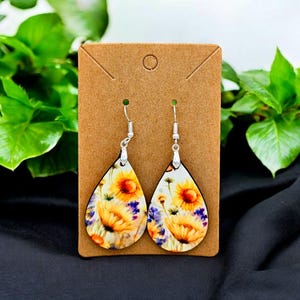 Handmade Teardrop Earrings with Images of Wildflowers - Hypoallergenic