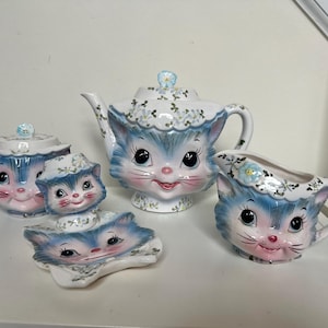 Vintage Lefton Kitschy Lefton Miss Priss Tea Pot, Creamer, Sugar