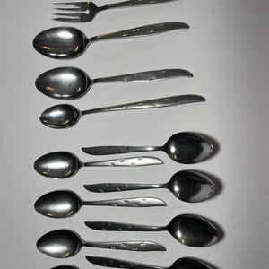May include: A collection of twelve stainless steel utensils including two forks and ten spoons. Each handle features a subtle engraved star pattern. The set consists of various sizes of spoons, including a small teaspoon, arranged in a vertical layout.