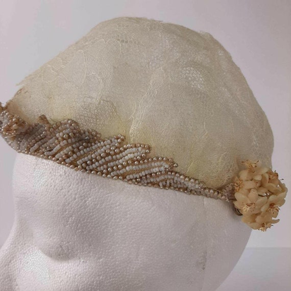 Vintage Bridal Cap Beaded Headpiece Wax Flowers 2… - image 3