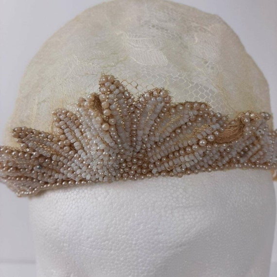 Vintage Bridal Cap Beaded Headpiece Wax Flowers 2… - image 6