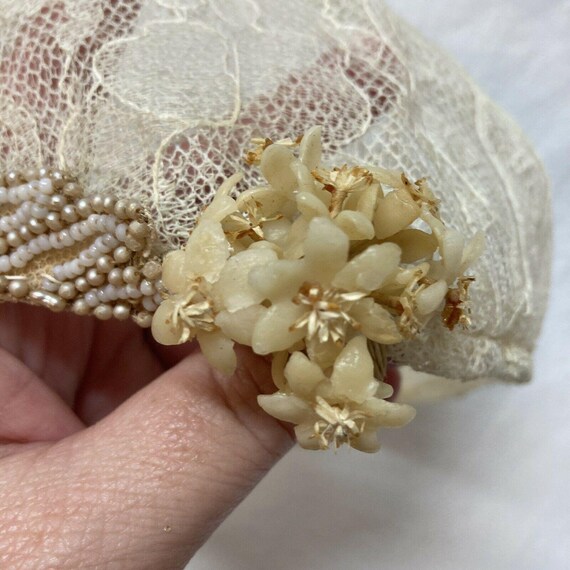 Vintage Bridal Cap Beaded Headpiece Wax Flowers 2… - image 10