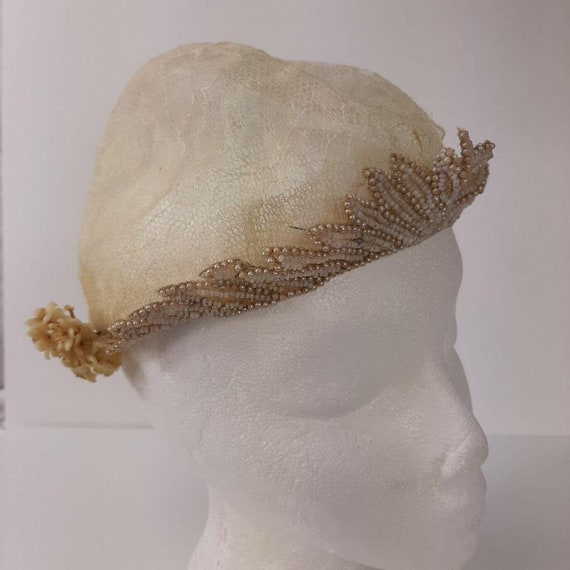 Vintage Bridal Cap Beaded Headpiece Wax Flowers 2… - image 1