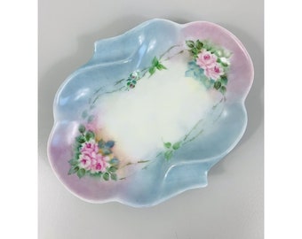 Vintage Porcelain Trinket Dish 6.25” Signed Gladys Fish 1963 Pink Blue Floral